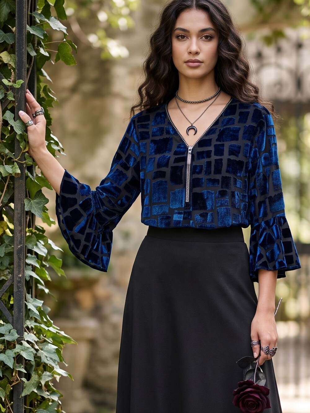 Frank Lyman Whimsigoth Dark Romance Burnout Velvet Bell Sleeve Rhinestone Top